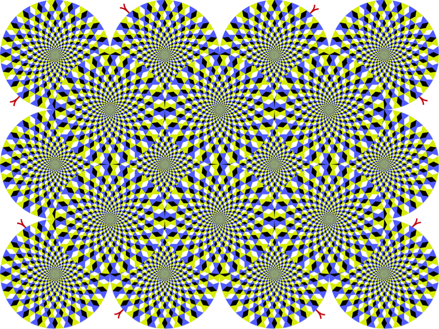 [A
visual illusion.  The object looks like 18 overlapping circles with an
intricate repeating pattern.  For most sighted people the circles seem
to rotate.]