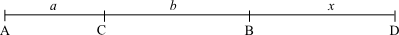 A horizontal line with points A, C, B, and D marked on it in that order. Distance a is from point A to C. Distance b from point C to B, distance x from B to D.