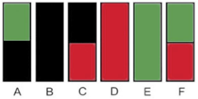 [6 vertical colored bars, labeled A through F, A bar is green on the top half and black on the bottom half, B bar is all black, C bar is black on top half and red on bottom half, D bar is all red, E bar is all green, F bar is green on top half and red on the bottom half]