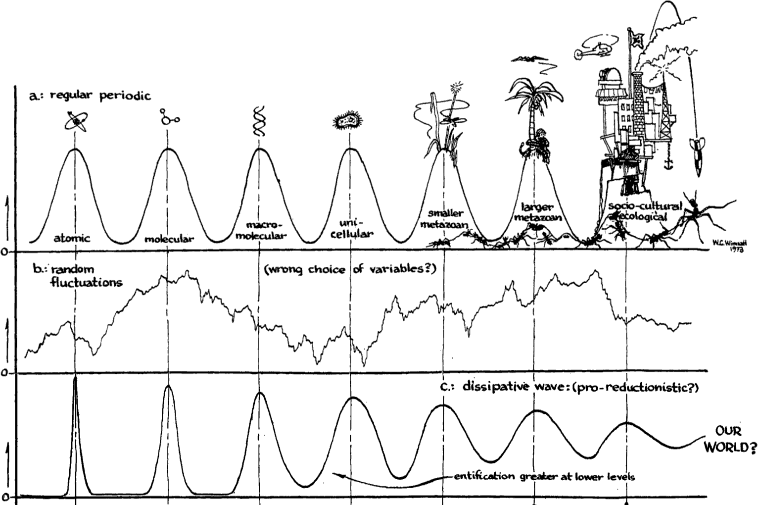 [3  parallel diagrams one below the other 
labeled 'a: regular periodic', 
'b: random fluctuations (wrong choice of variables?)', 
and 'c: dissipative wave: (pro-reduction). 7 points horizontally are labeled and have a
 description in diagram a; each point is also the high point of a wavy line (each wave the same amplitude).  
Going from left to right they are 'atomic', 'molecular', 'macro-molecule', 'uni-cellular', 
'smaller metazoan', 'larger metazoan', and 'socio-cultural ecological'.  Diagram b has a line with many ups and downs. 
Diagram c has a wave with the same high points as in diagram a but the amplitude declines as it goes from left to right; 
the wave is also labeled halfway with 'entification greater at lower levels' and at the end 'OUR WORLD?' . ]