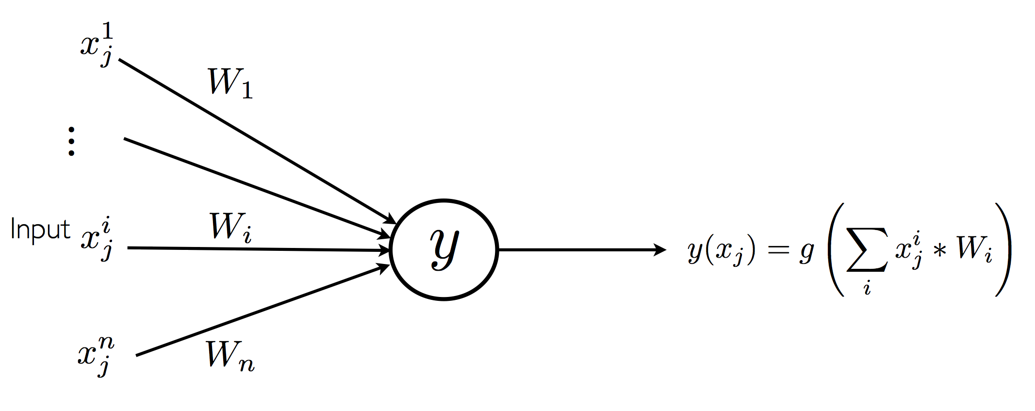 one neuron with input x_i, weights W_i