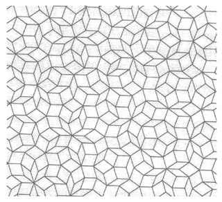 [penrose tile patter, a large number of several different types of parallelgrams which mesh together in groups of 10 to form multiple 10-sided figures and groups of 3 to form multiple interlacing 6-sided figures]