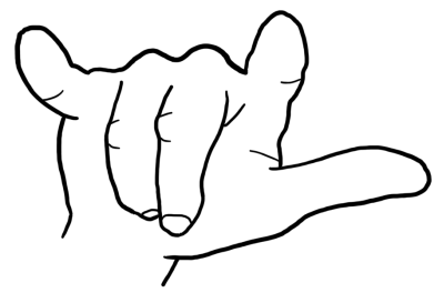 hand with thumb, index, and little fingers extended and other two not.