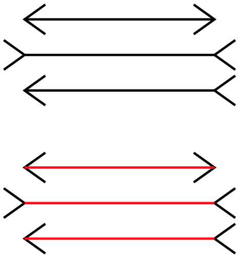 [A set of three horizontal lines vertically aligned with the first and third having simple two line arrow heads at each end and the middle having inverted arrow heads. Sighted people tend to perceive the middle line as longer in this set.  Below is the same set with the horizontal lines in red and a dashed line on each side showing that the lines are actually identical in length. ]