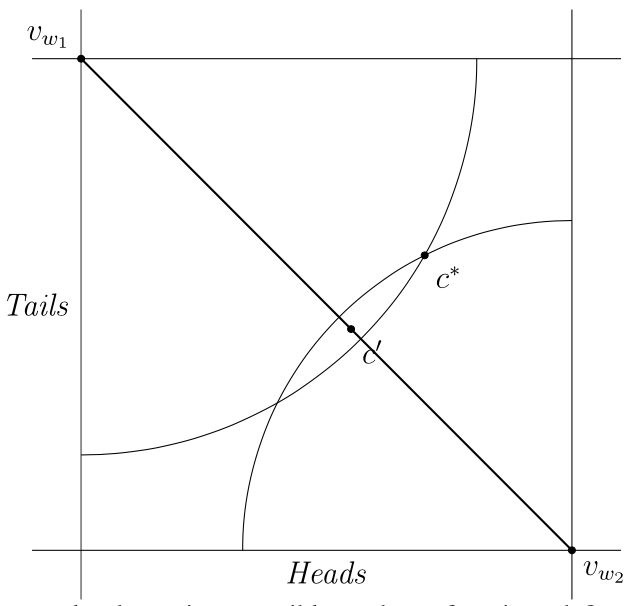 [a graph of two vertical lines and two horizontal lines forming a square but lines extend beyond the intersections.  The left vertical line is labelled 'Tails' and the lower horizontal line labelled 'Heads'. The upper left corner is labelled \(v_{w_1}\), the lower right corner is labelled \(v_{w_2}\)] and a diagonal linke connects the two. Two arcs, one stretches from the lower left vertical line to the upper right horizontal line and the other from the upper right vertical line to the lower left horizontal line.  The two arcs intersect twice.  The upper right intersection is labelled \(c*\) and a point on the diagonal line in the middle of the intersection space is labelled \(c'\).