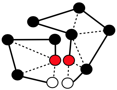 [Same figure as before with one of the black dots split into two red dots side-by-side and another black dot split into two white dots side-by-side. This splits the previously joined figure into two smaller graphs.]