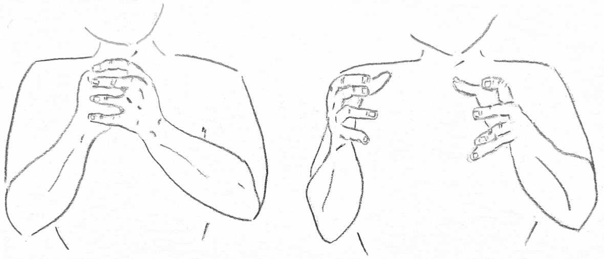 two drawings of a human with the first showing their left hand clasping the clenched fist of the right in front of the upper chest region and the second with the two hands spread and separated horizontally but still in front of the chest.