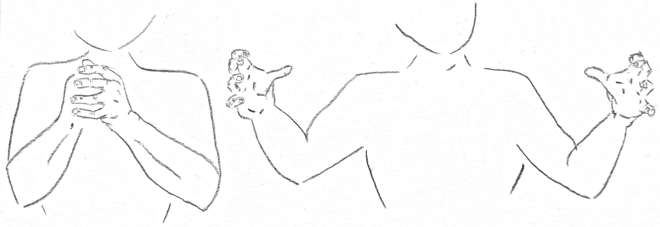 two drawings of a human with the first showing their left hand clasping the clenched fist of the right in front of the upper chest region and the second with the two hands spread and separated horizontally and far outside the chest region.