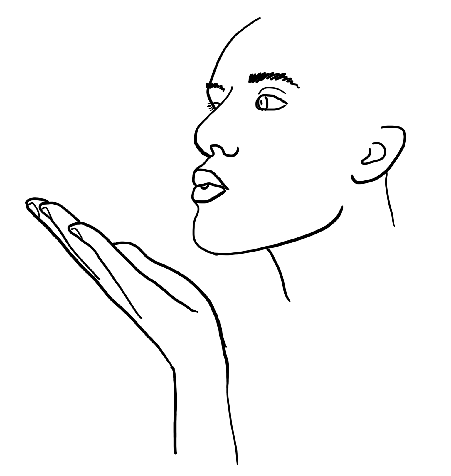 face with mouth in a kiss and a hand gesturing forward but the whole oriented to the side