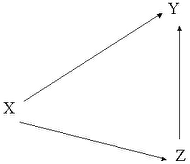 [a directed graph with the symbols X, Y, and Z with arrows pointing from X to Y and X to Z and Z to Y]