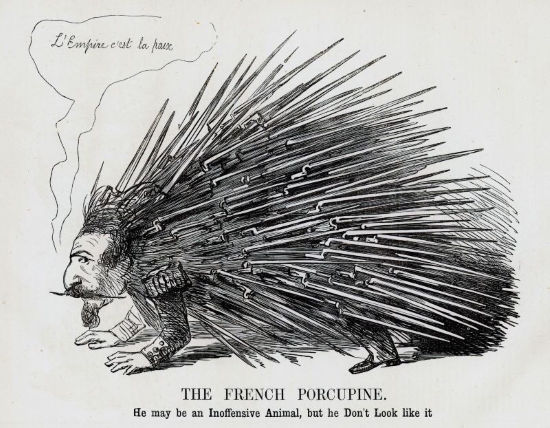 Political cartoon of a porcupine with the face, hands, and boots of a man. The porcupine/man is saying, &lsquo;L&rsquo;Empire c&rsquo;est la paix&rsquo;. The caption reads, &lsquo;The French Porcupine: He may be an Inoffensive Animal, but he Don't Look like it&rsquo;.