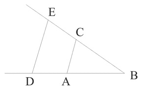 Two line segments originate at point B. The horizontal segment goes from point B to A to D and continues a little past D. The other segment angles up above the horizontal and goes from point B to C to E and continues a little past E. Line segments ED and CA are parallel.