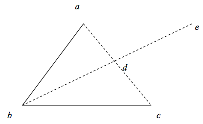 [Points a, b, and c form a triangle, line segments ab and bc are solid lines, line segment bc is dashed. Point d lies midway on the line segment bc. The dashed line segment bd extends further to point e.]