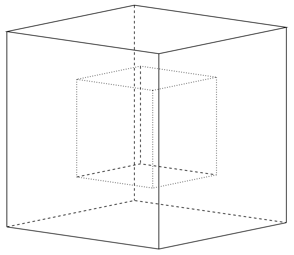 A line drawing of two cubes one centered inside the other.
