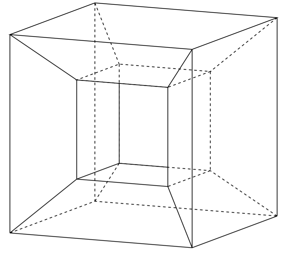 a line drawing of what appears to be two cubes one centered inside the other but with the inner cube being a tunnel through the outer cube (the border going from the vertices of the outer cube to the vertices of the inner cube on two opposing faces.