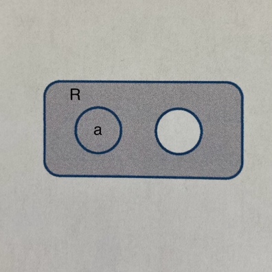 a rectangle labeled 'R' where the left hole is labeled 'a' and the right is empty